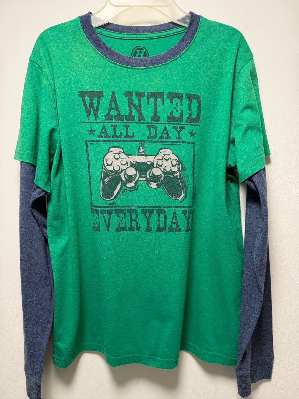Hybrid & company Green Tee with Navy Layered Sleeves & Gaming Graphic